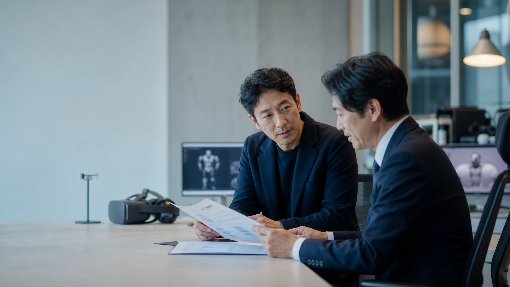 VR開発会社の経営者とM&Aアドバイザーが事業承継について相談する様子