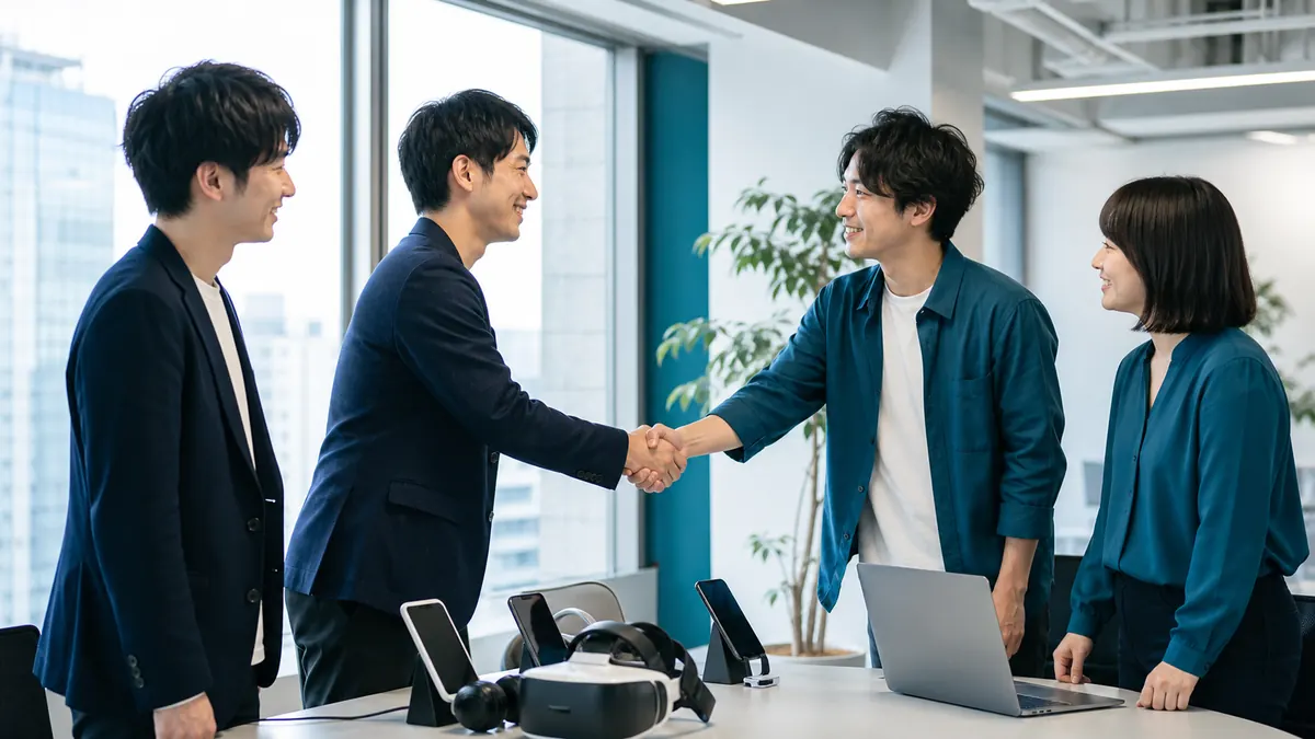 VR・AR開発会社の株式譲渡を表す企業チームの握手イメージ
