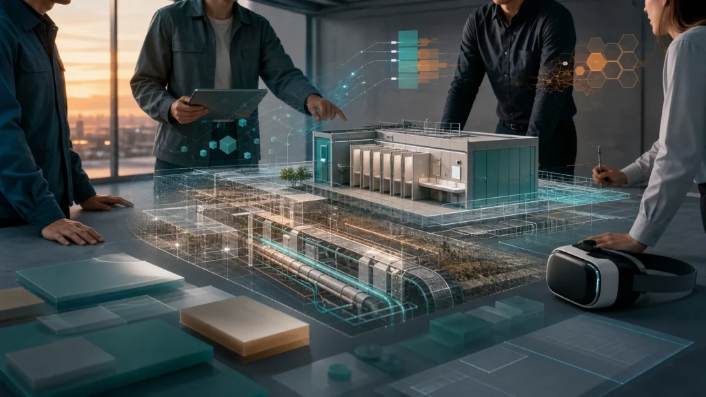 ハマネツによる製造・BIM・VR教育の能力統合を表現した生成画像（実在する企業・人物・製品・施設・取引場面とは無関係）