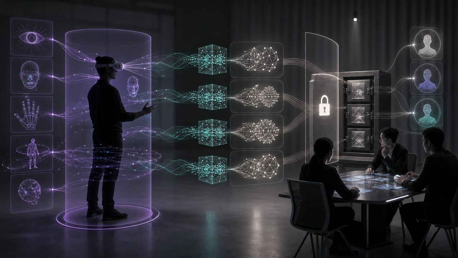視線・顔・手のセンサー情報を七層のデータフローとして表したイメージ(生成画像。実在の人物・製品・企業とは無関係)